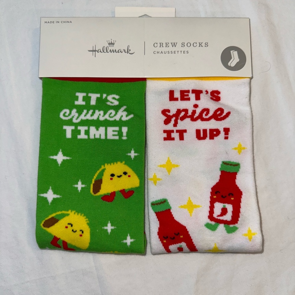 Taco & Hot Sauce Themed Hallmark Crew Socks One Size Fits Most, 2 Pairs NWT